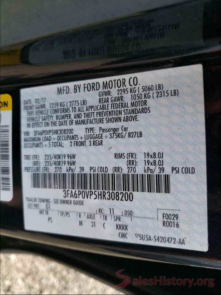 3FA6P0VP5HR308200 2017 FORD FUSION