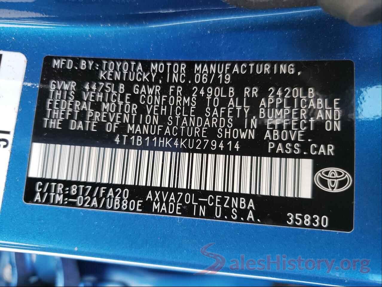 4T1B11HK4KU279414 2019 TOYOTA CAMRY