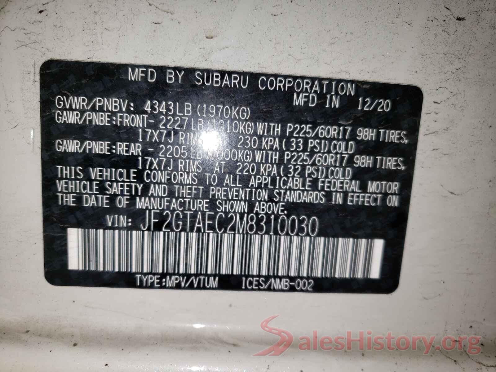 JF2GTAEC2M8310030 2021 SUBARU CROSSTREK