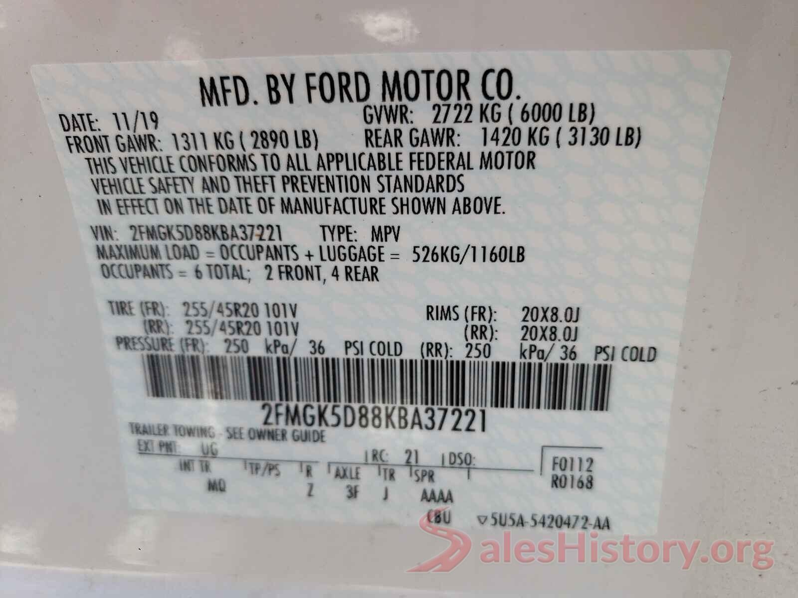 2FMGK5D88KBA37221 2019 FORD FLEX