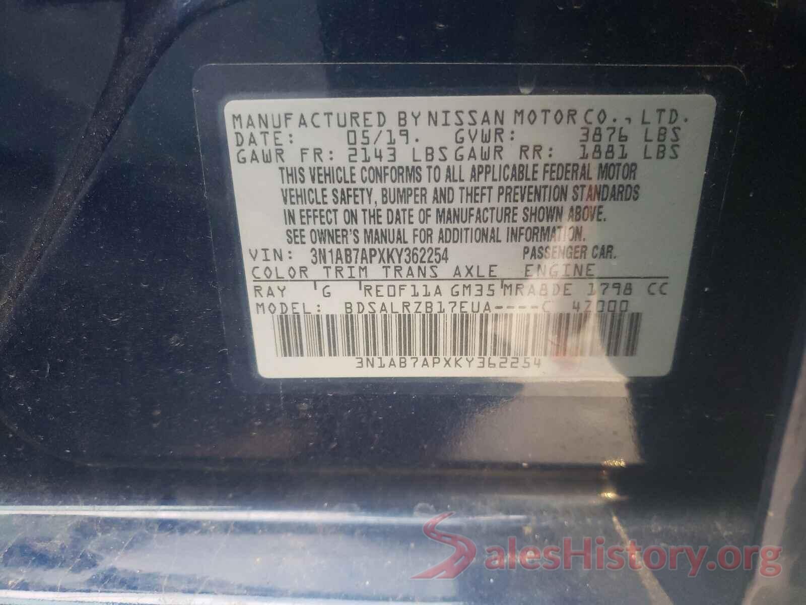 3N1AB7APXKY362254 2019 NISSAN SENTRA