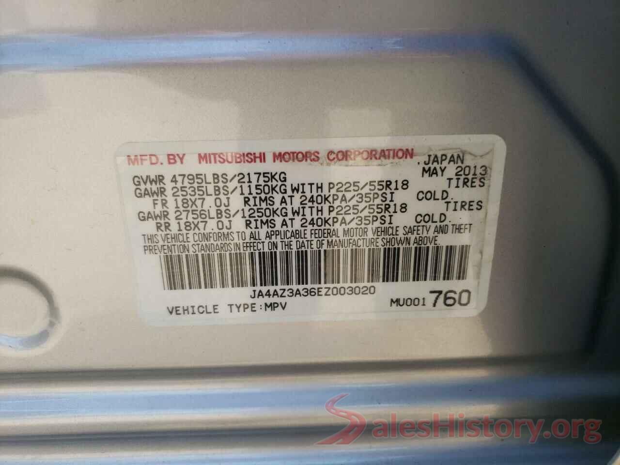 JA4AZ3A36EZ003020 2014 MITSUBISHI OUTLANDER