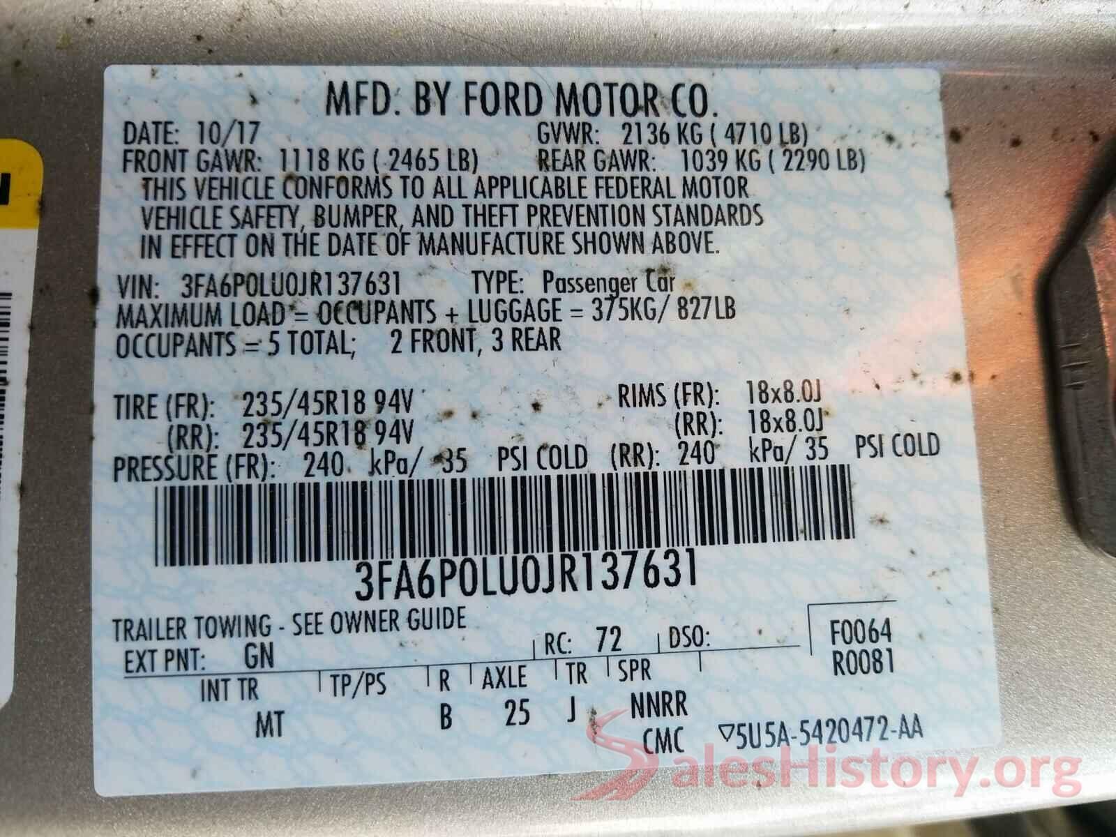 3FA6P0LU0JR137631 2018 FORD FUSION