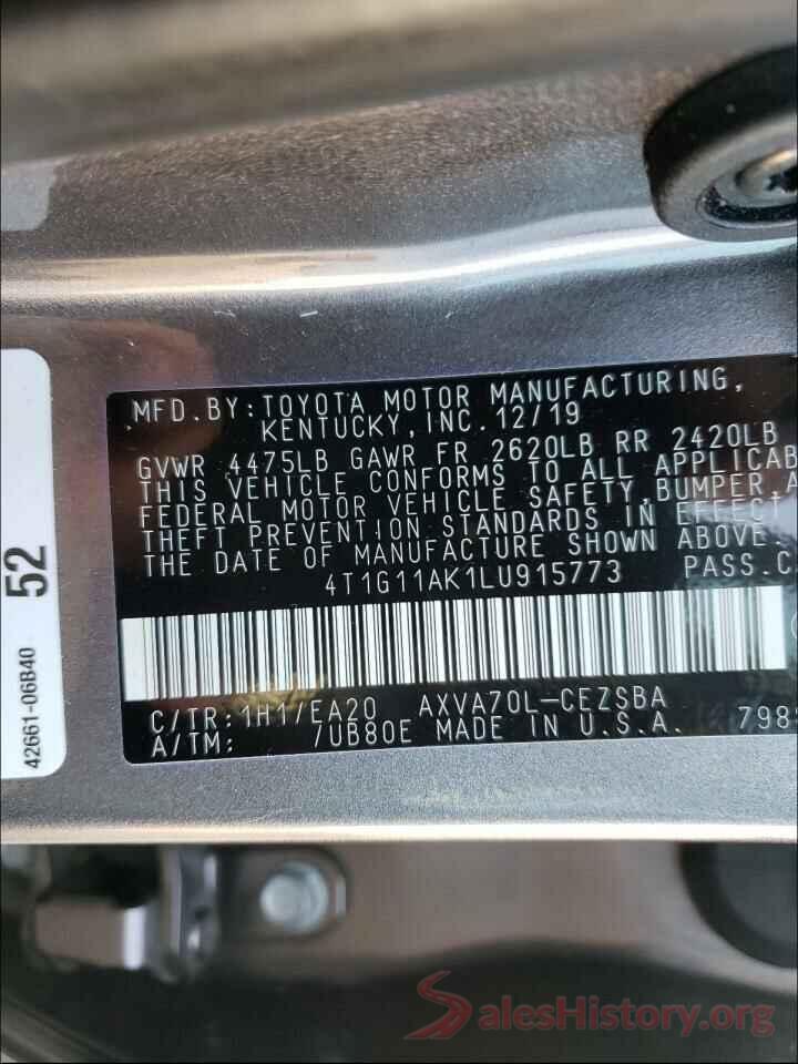 4T1G11AK1LU915773 2020 TOYOTA CAMRY