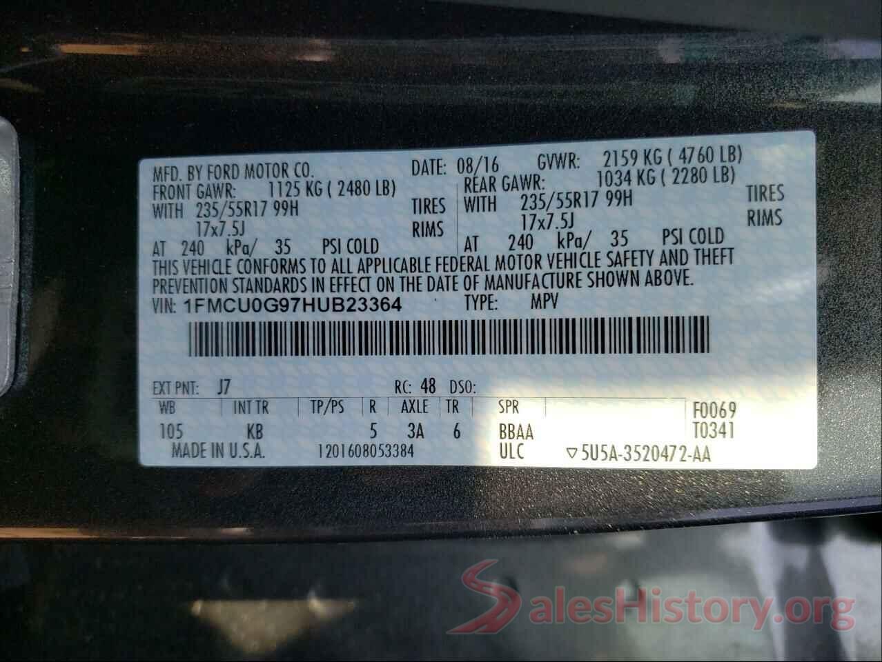 1FMCU0G97HUB23364 2017 FORD ESCAPE