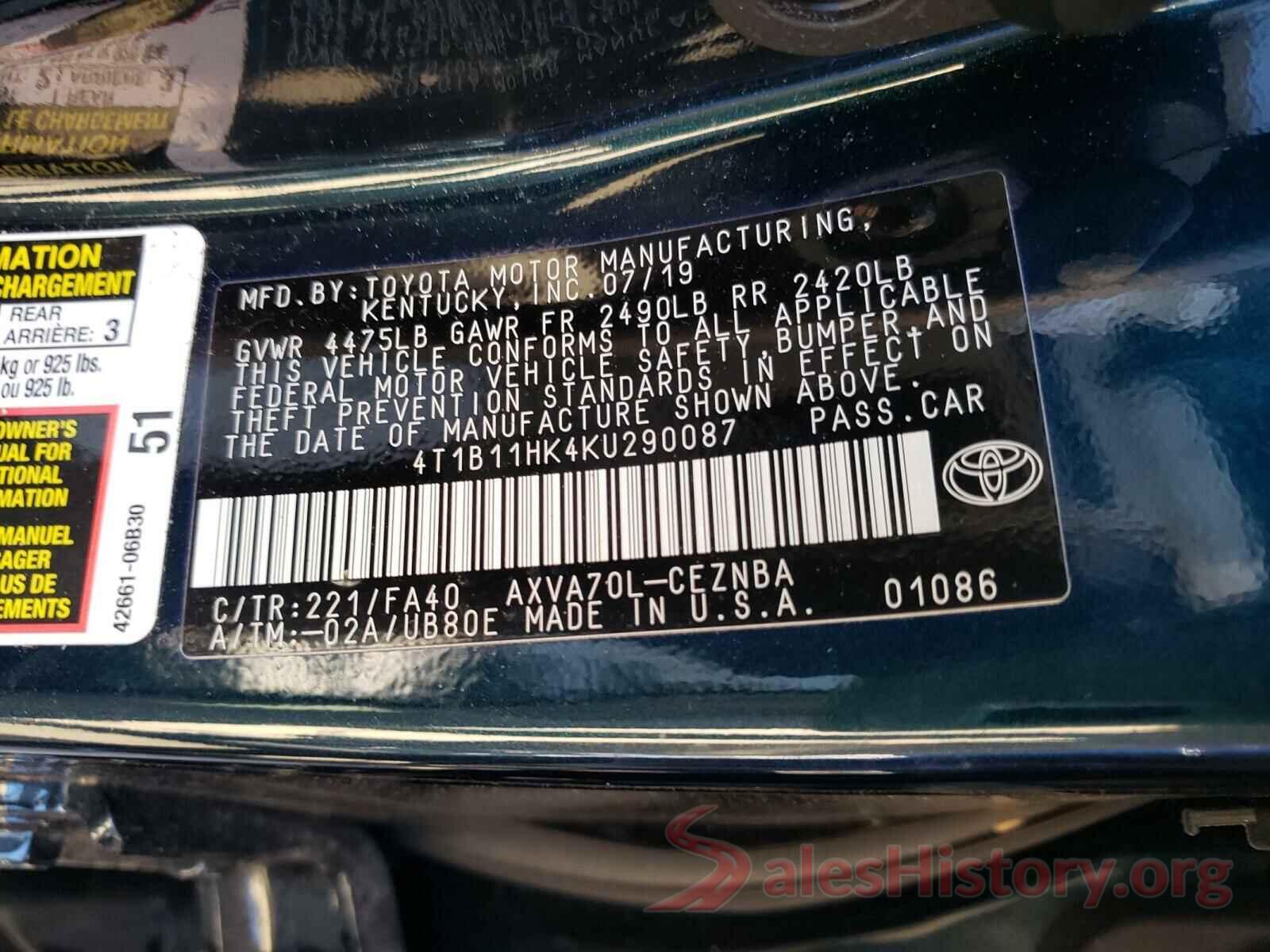 4T1B11HK4KU290087 2019 TOYOTA CAMRY