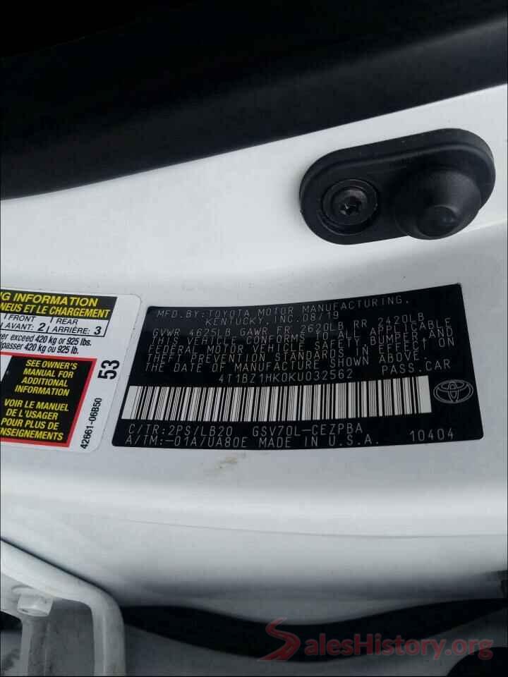 4T1BZ1HK0KU032562 2019 TOYOTA CAMRY