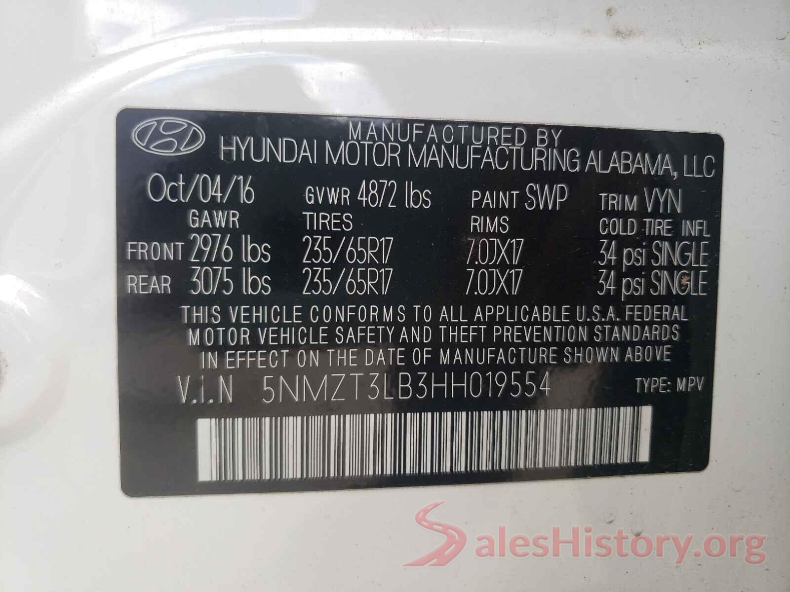 5NMZT3LB3HH019554 2017 HYUNDAI SANTA FE