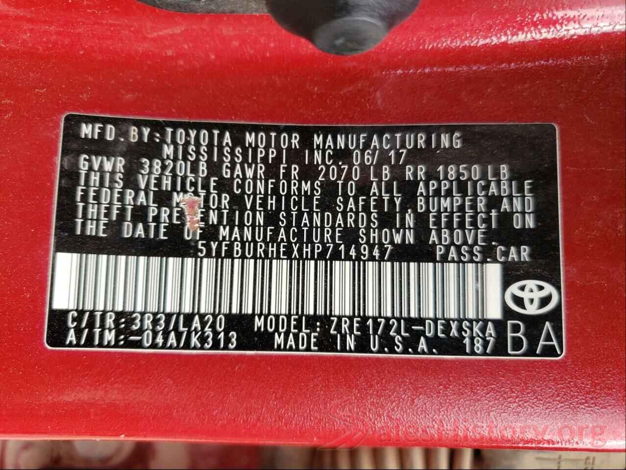 5YFBURHEXHP714947 2017 TOYOTA COROLLA