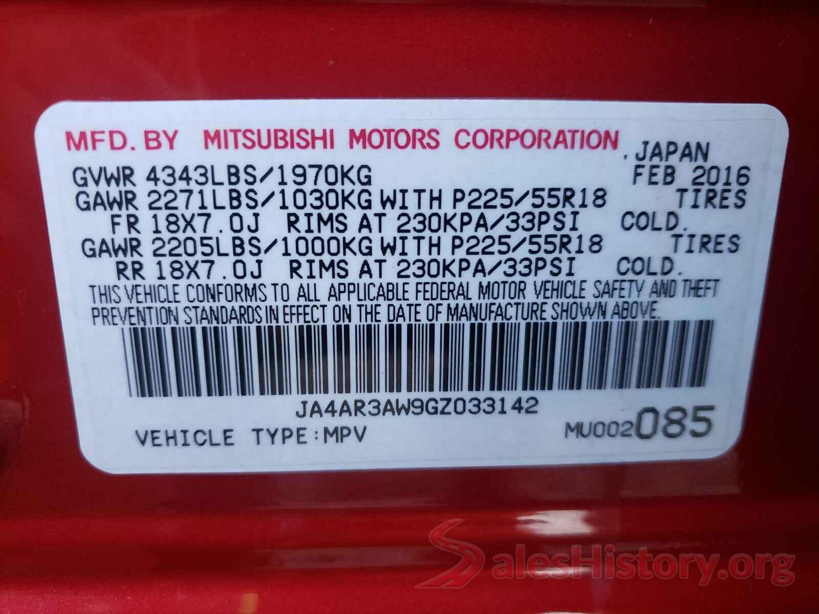 JA4AR3AW9GZ033142 2016 MITSUBISHI OUTLANDER