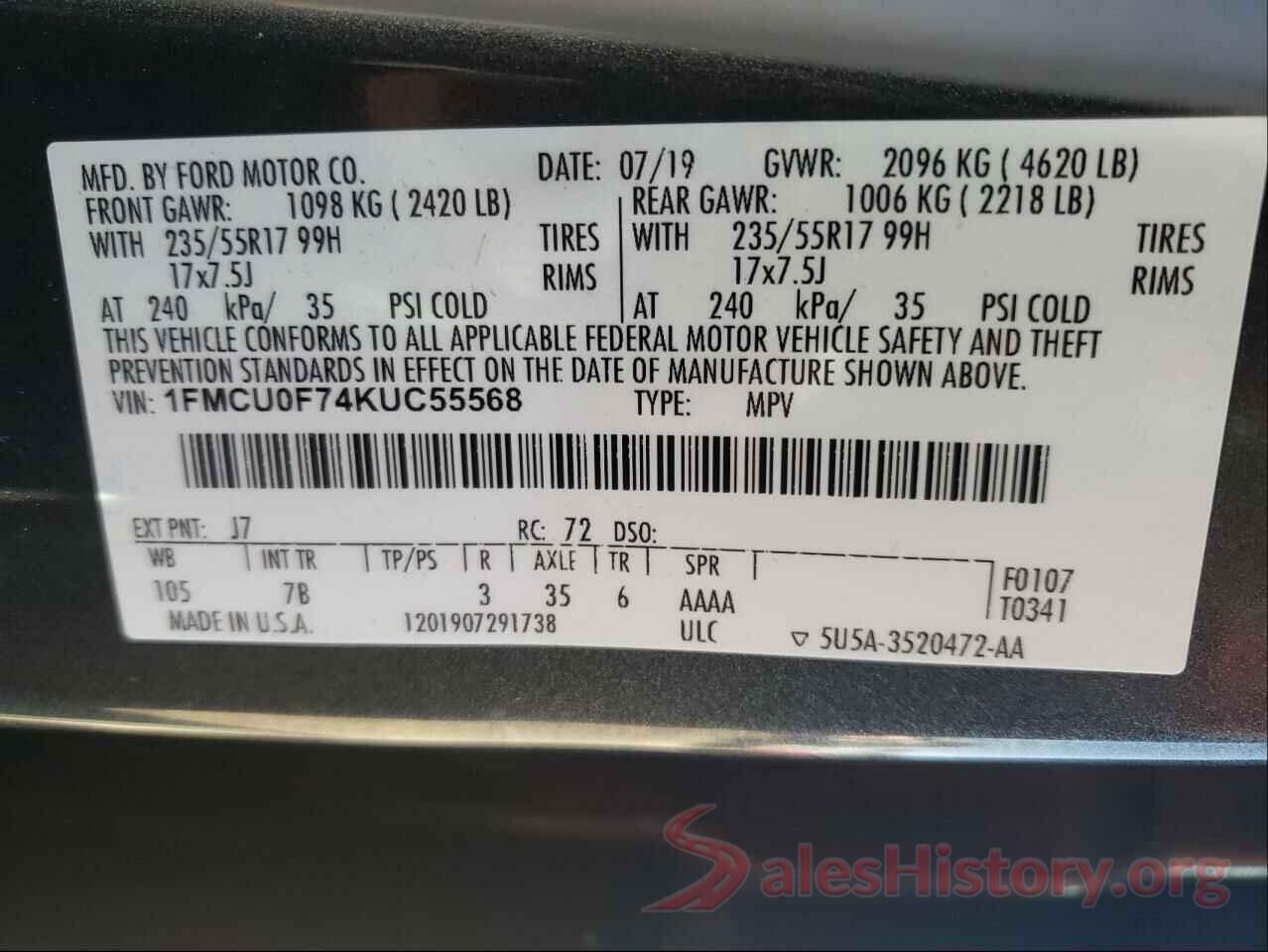 1FMCU0F74KUC55568 2019 FORD ESCAPE