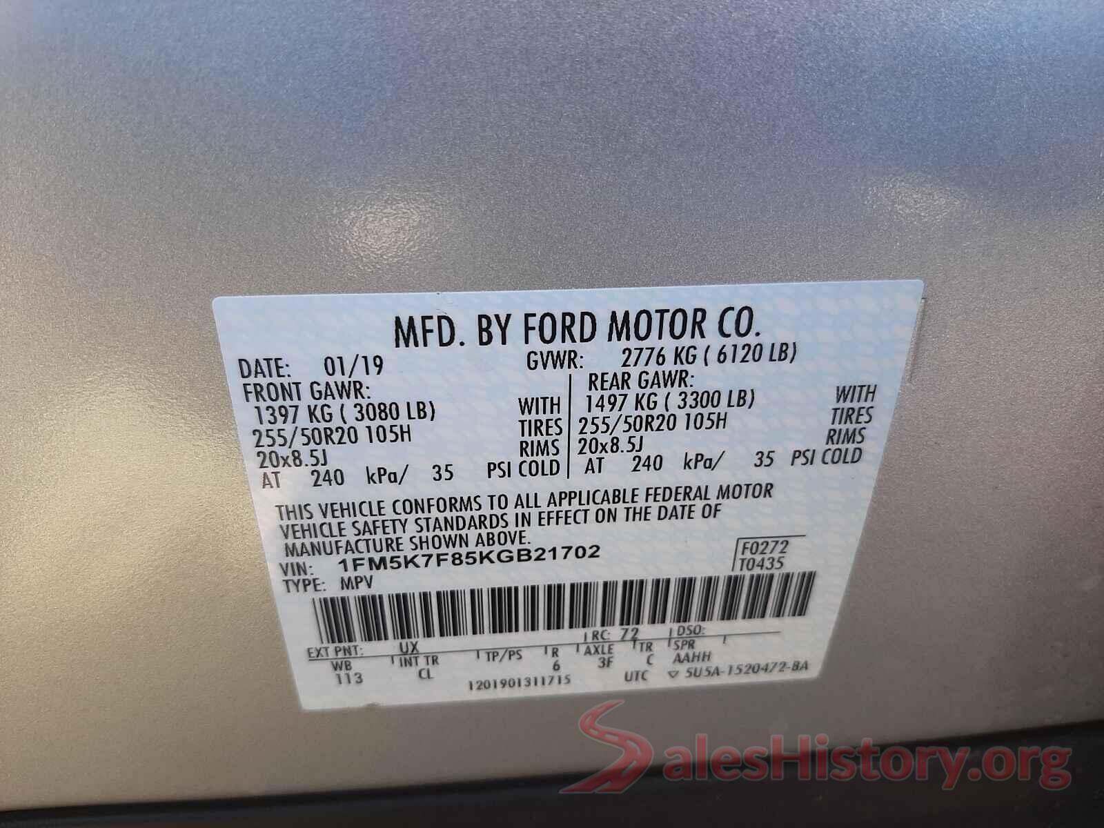 1FM5K7F85KGB21702 2019 FORD EXPLORER