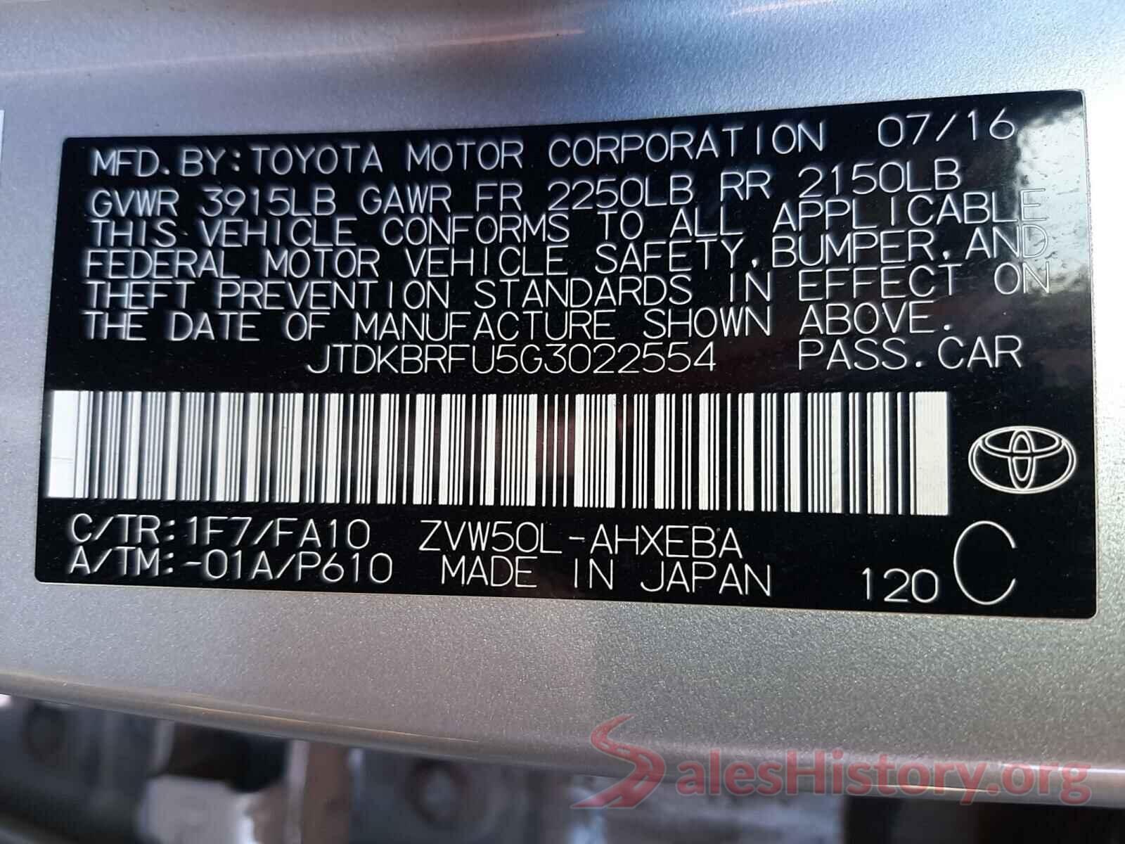 JTDKBRFU5G3022554 2016 TOYOTA PRIUS