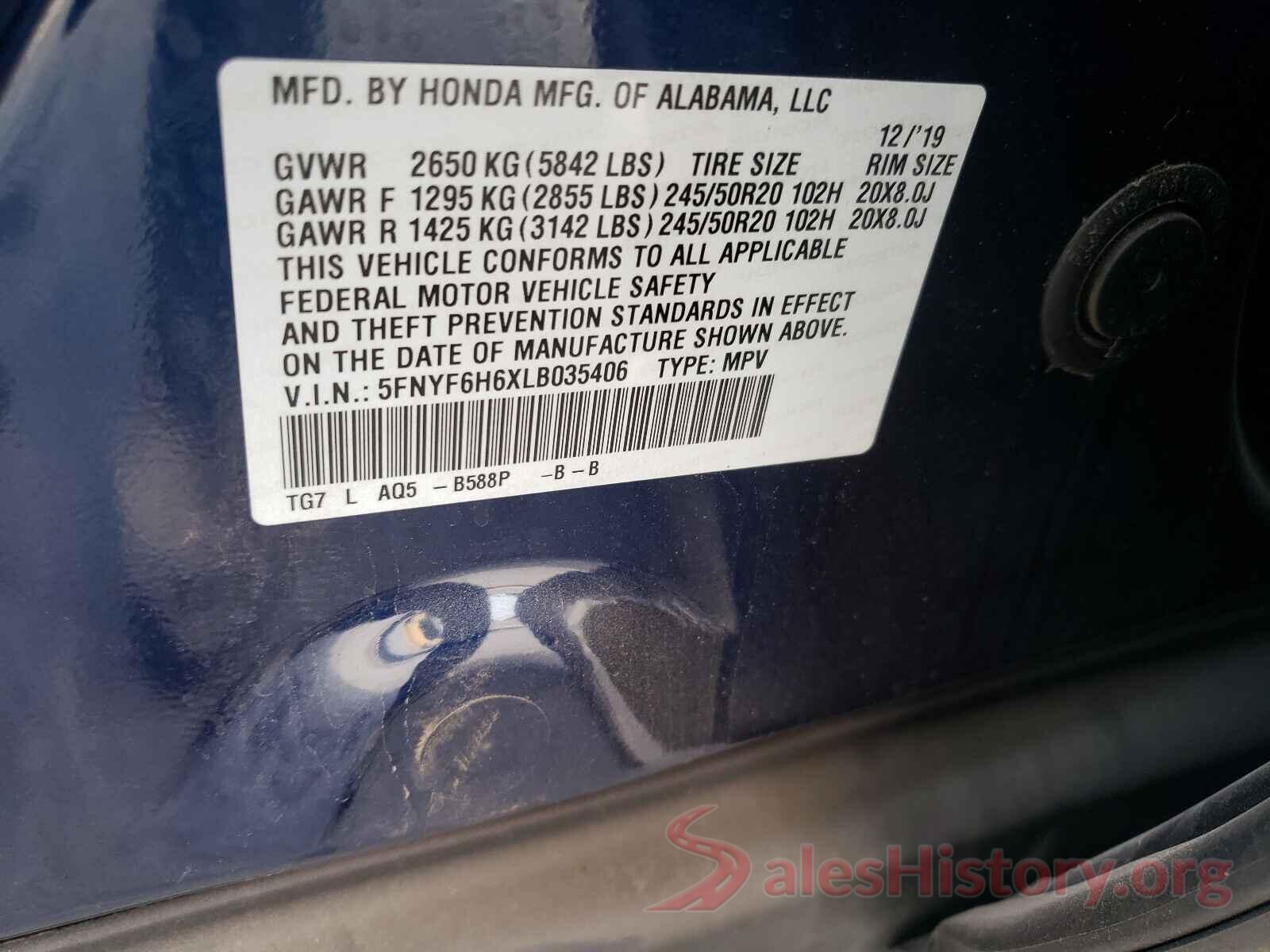 5FNYF6H6XLB035406 2020 HONDA PILOT