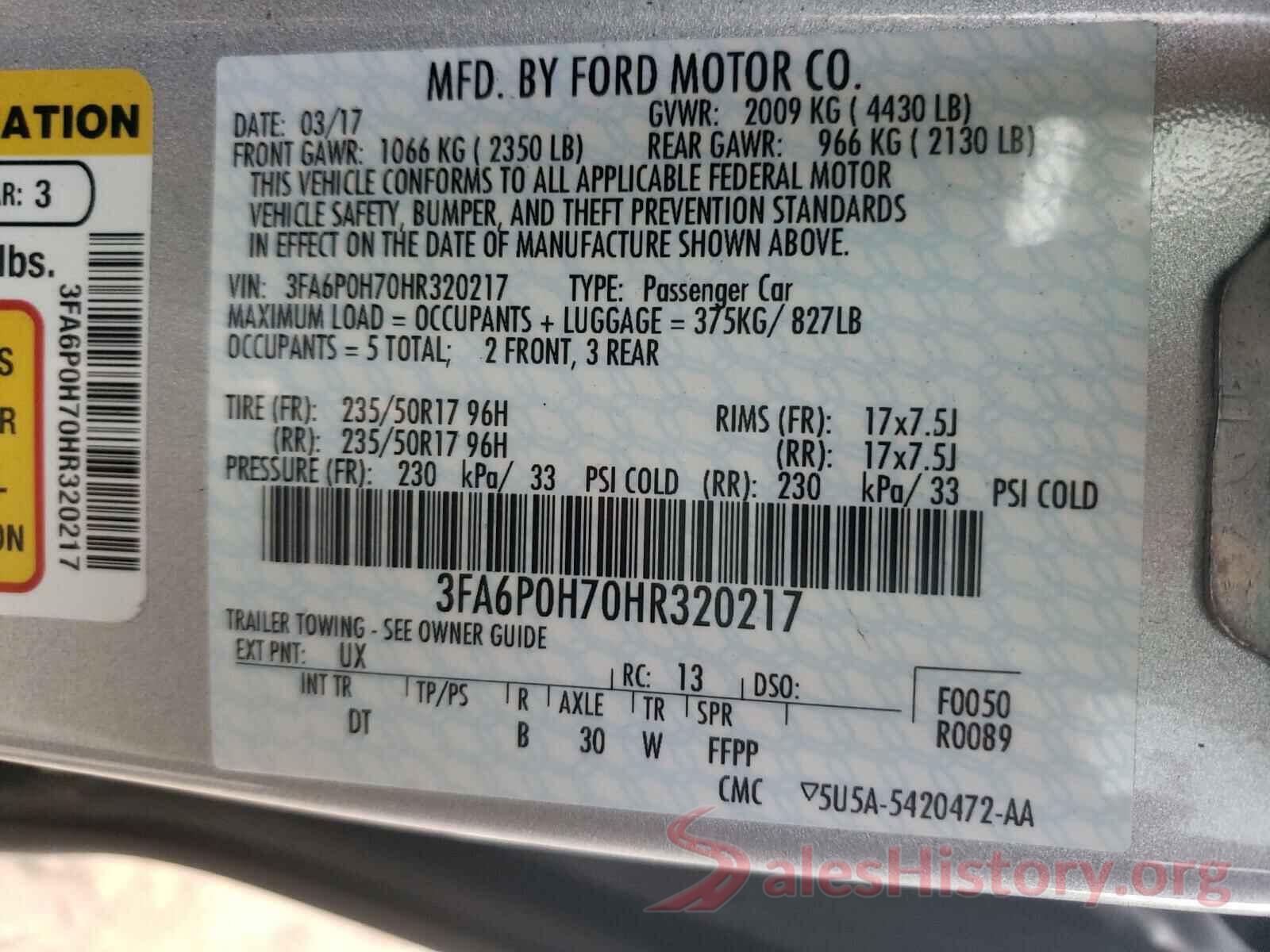 3FA6P0H70HR320217 2017 FORD FUSION