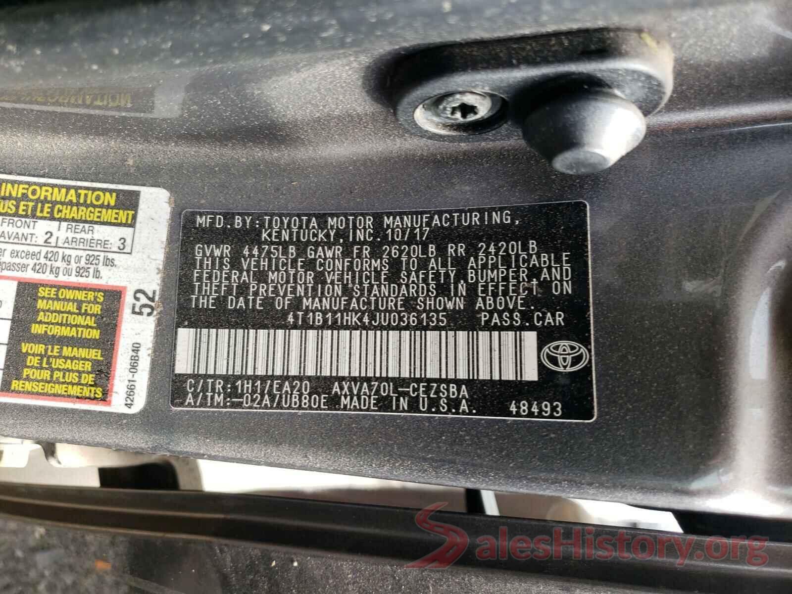 4T1B11HK4JU036135 2018 TOYOTA CAMRY