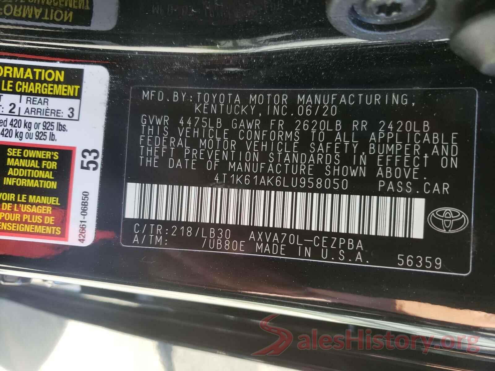 4T1K61AK6LU958050 2020 TOYOTA CAMRY