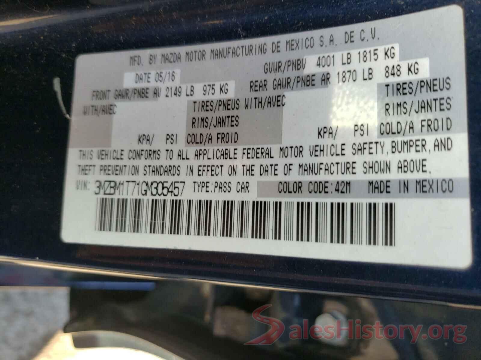 3MZBM1T71GM305457 2016 MAZDA 3