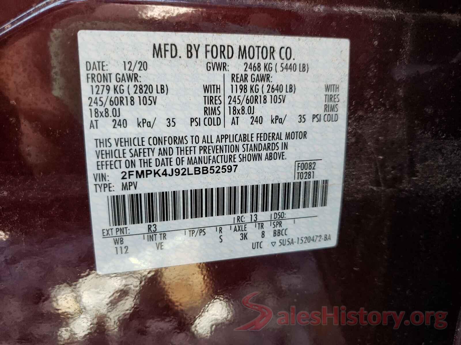 2FMPK4J92LBB52597 2020 FORD EDGE