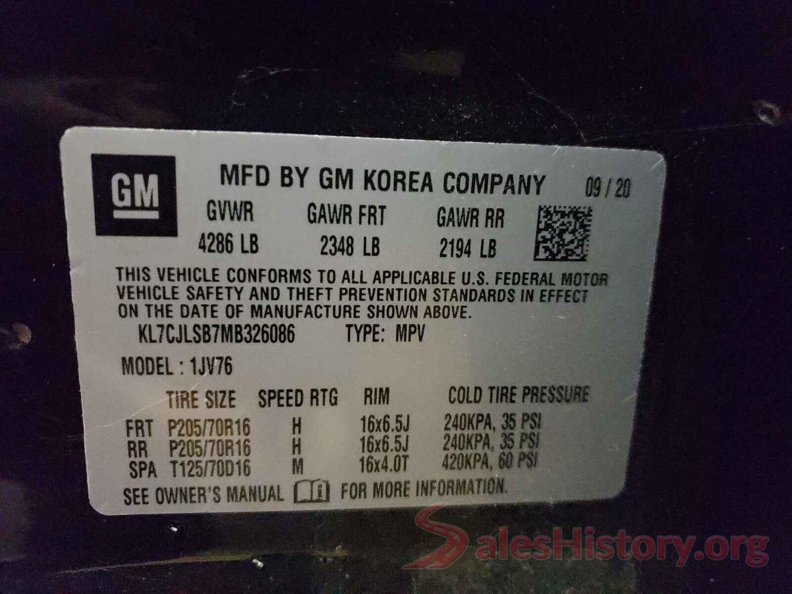 KL7CJLSB7MB326086 2021 CHEVROLET TRAX