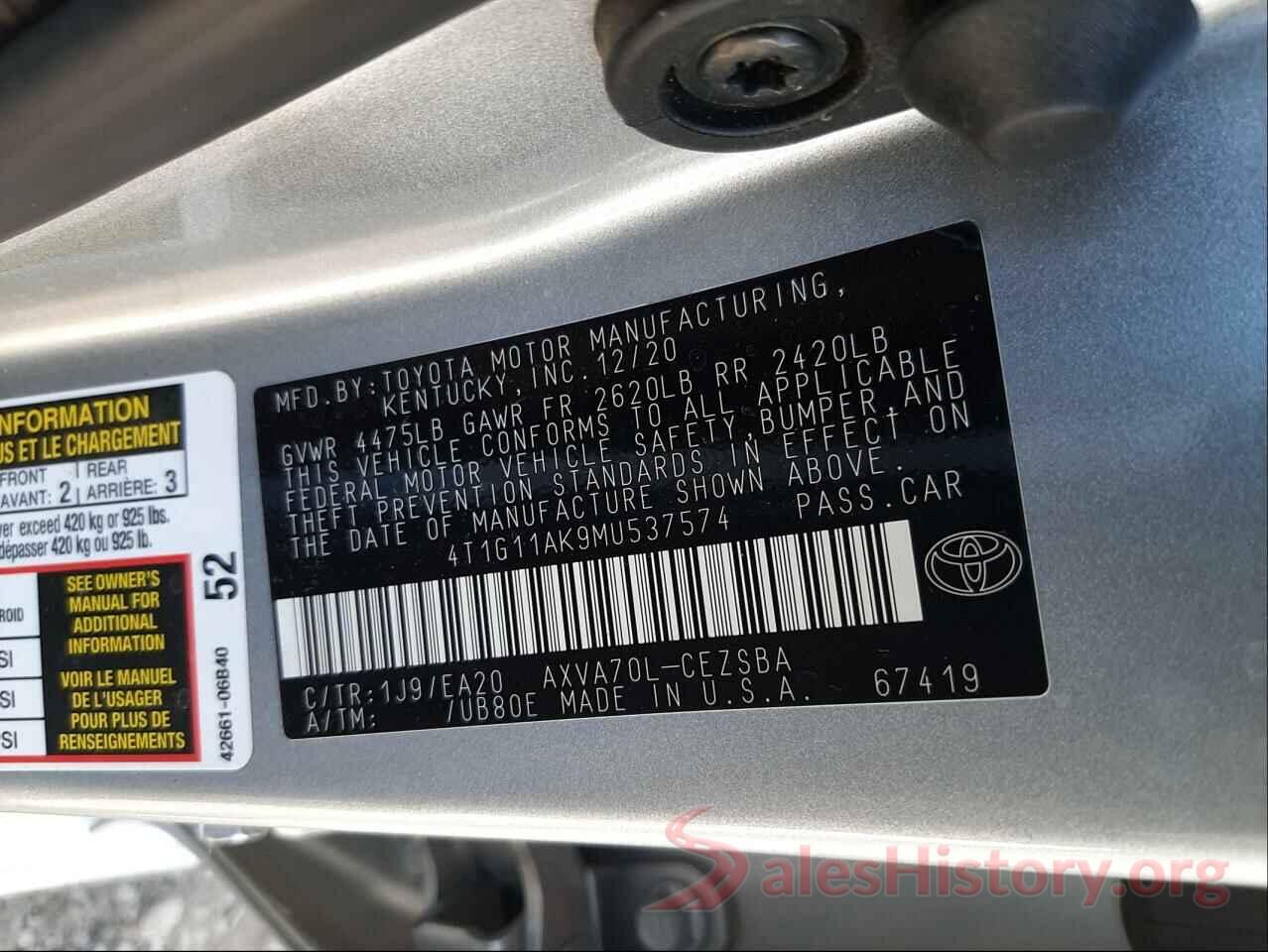 4T1G11AK9MU537574 2021 TOYOTA CAMRY