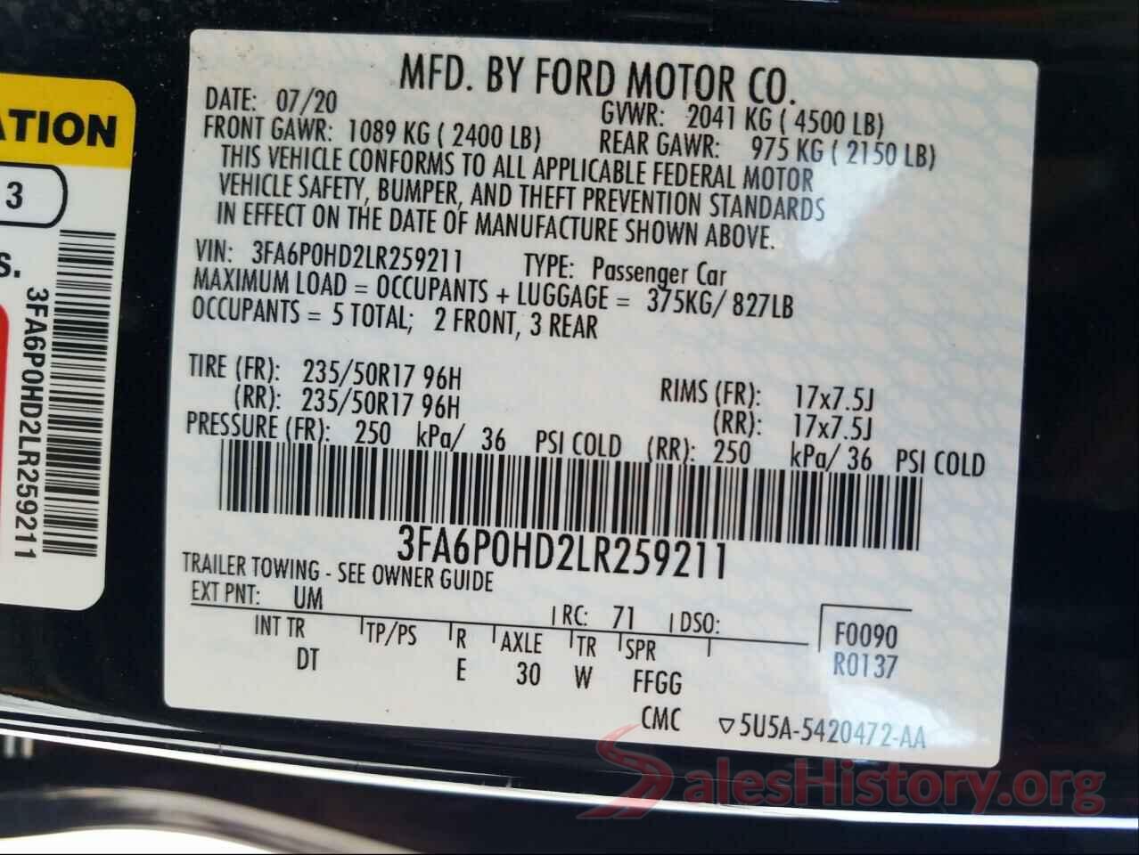 3FA6P0HD2LR259211 2020 FORD FUSION