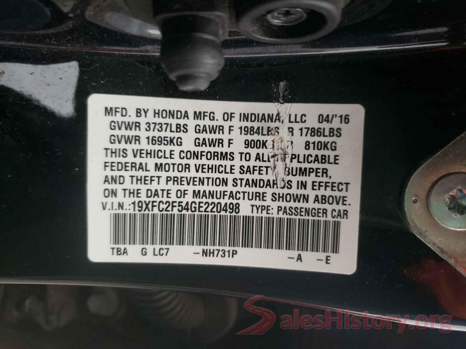 19XFC2F54GE220498 2016 HONDA CIVIC