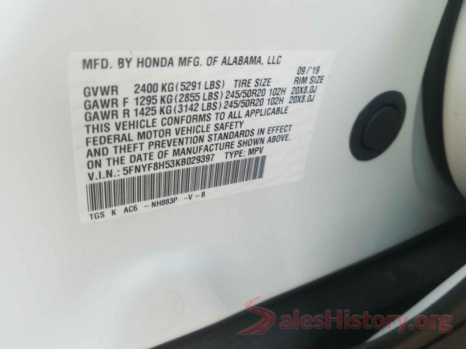 5FNYF8H53KB029397 2019 HONDA PASSPORT