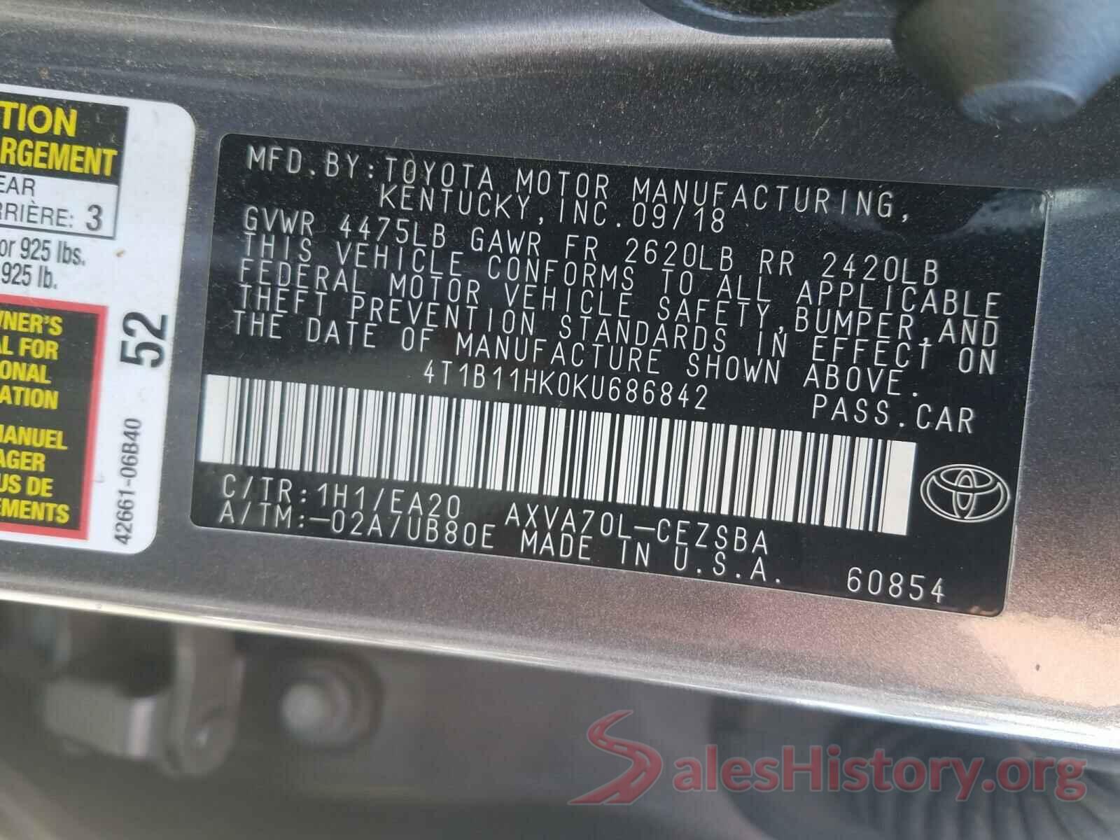 4T1B11HK0KU686842 2019 TOYOTA CAMRY