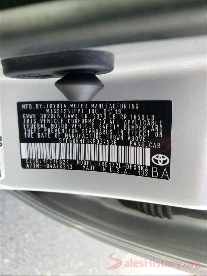 5YFBURHE3KP937936 2019 TOYOTA COROLLA