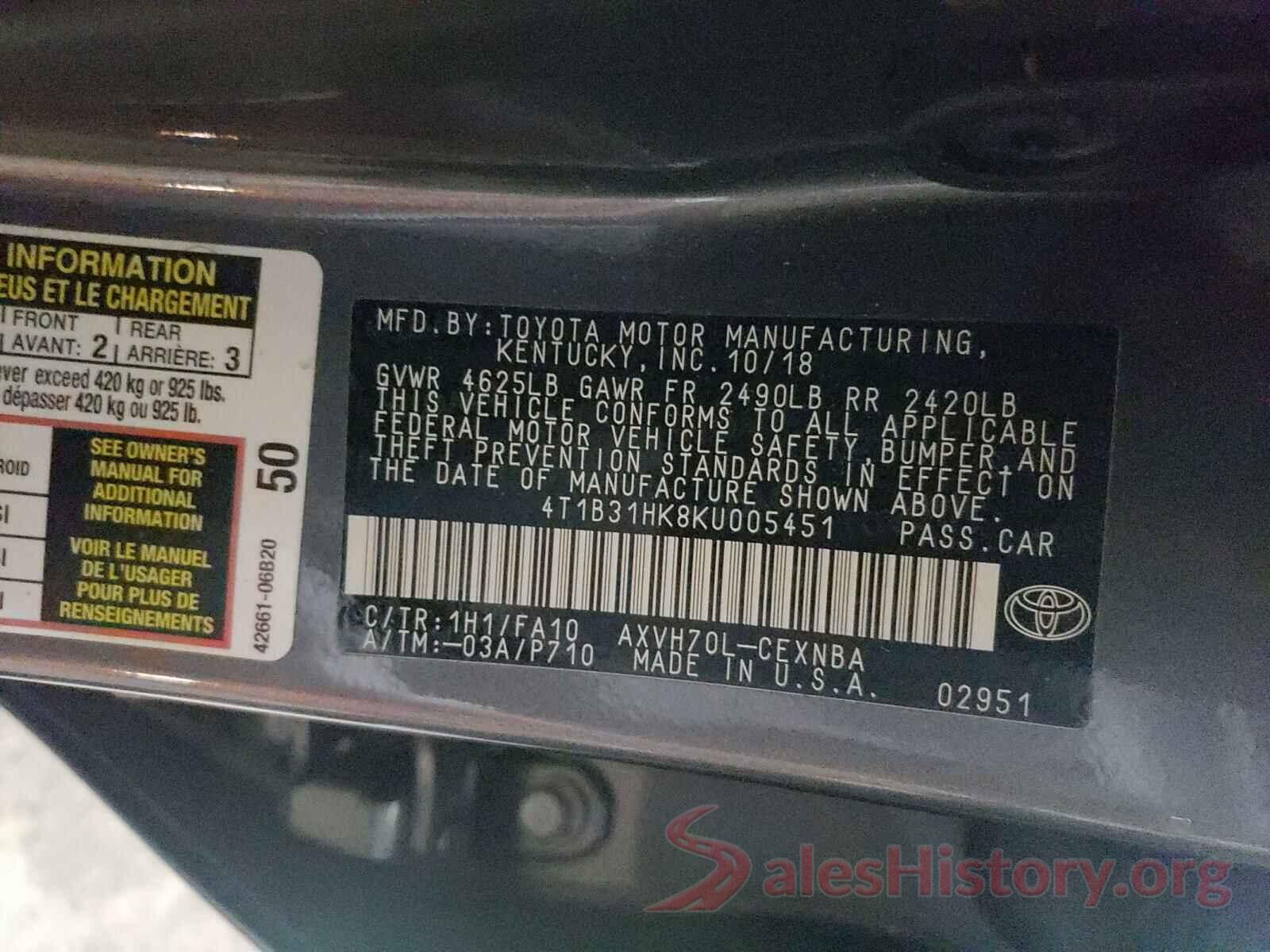 4T1B31HK8KU005451 2019 TOYOTA CAMRY