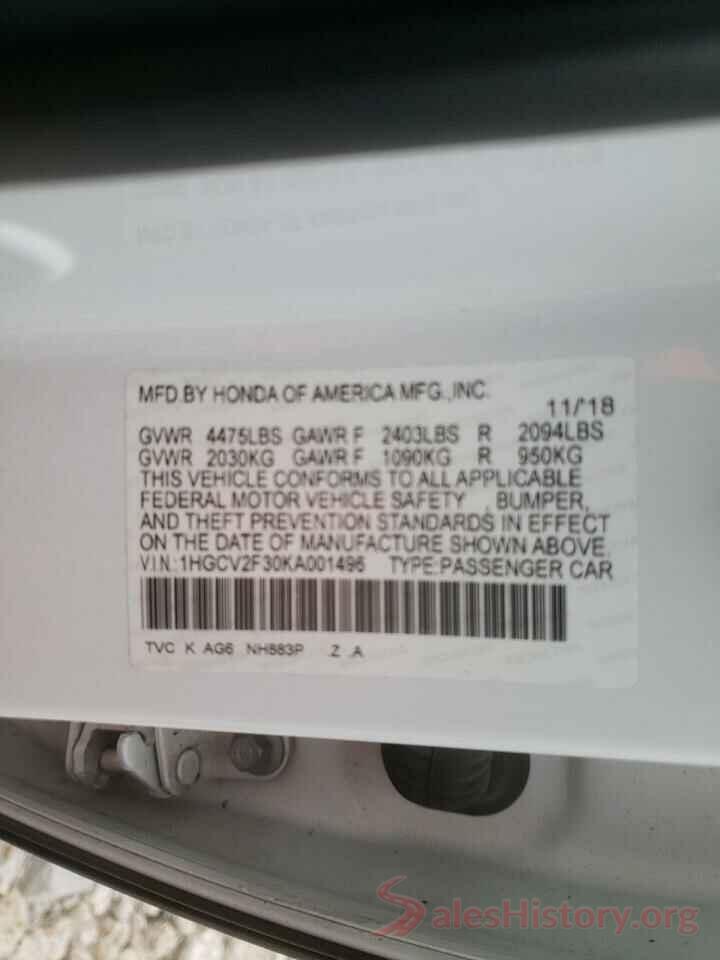 1HGCV2F30KA001496 2019 HONDA ACCORD