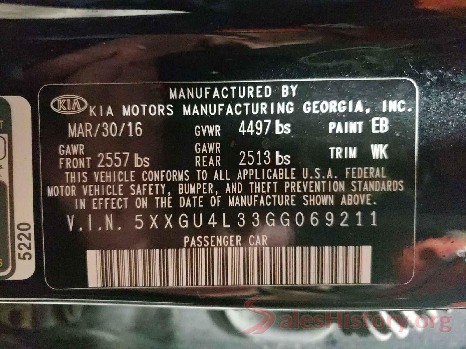 5XXGU4L33GG069211 2016 KIA OPTIMA