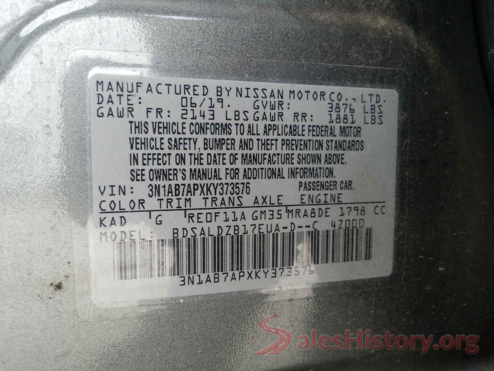 3N1AB7APXKY373576 2019 NISSAN SENTRA