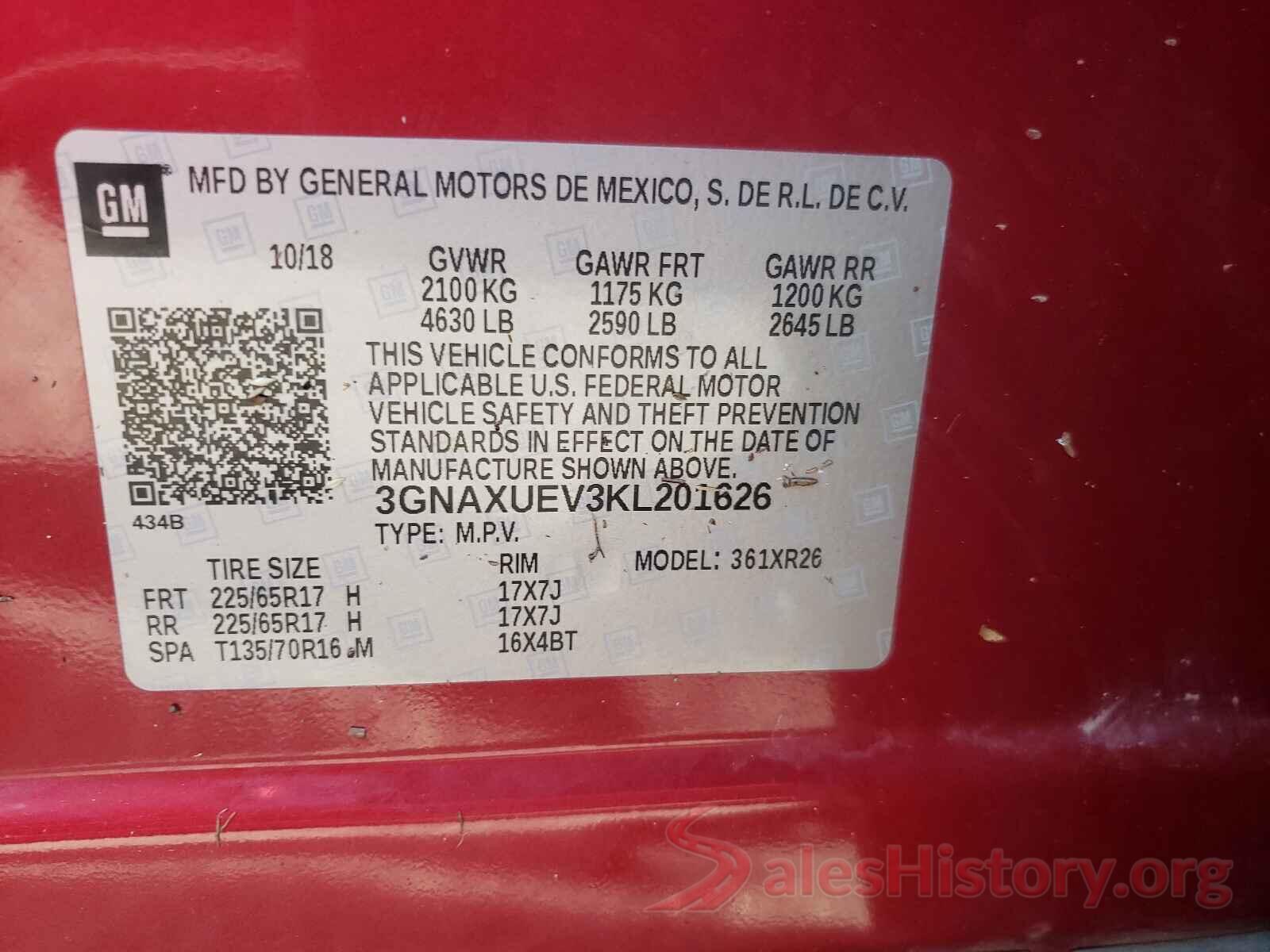 3GNAXUEV3KL201626 2019 CHEVROLET EQUINOX