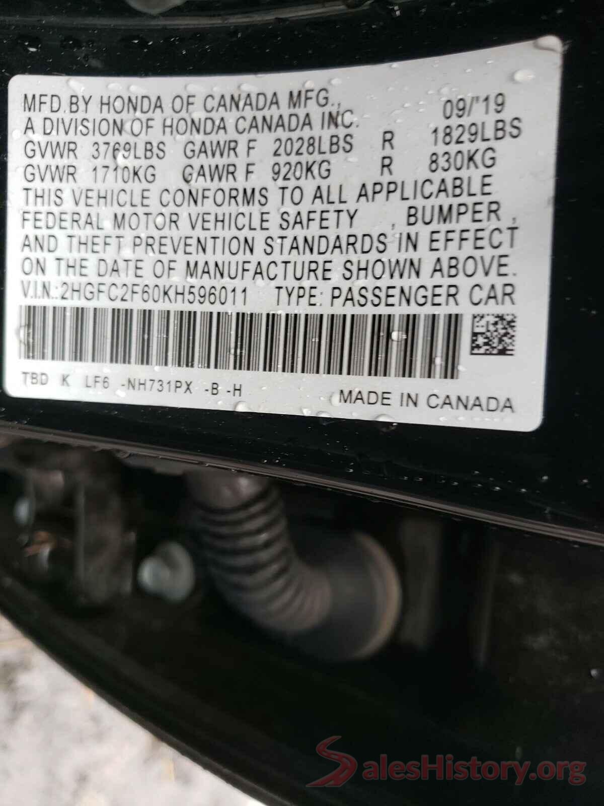 2HGFC2F60KH596011 2019 HONDA CIVIC