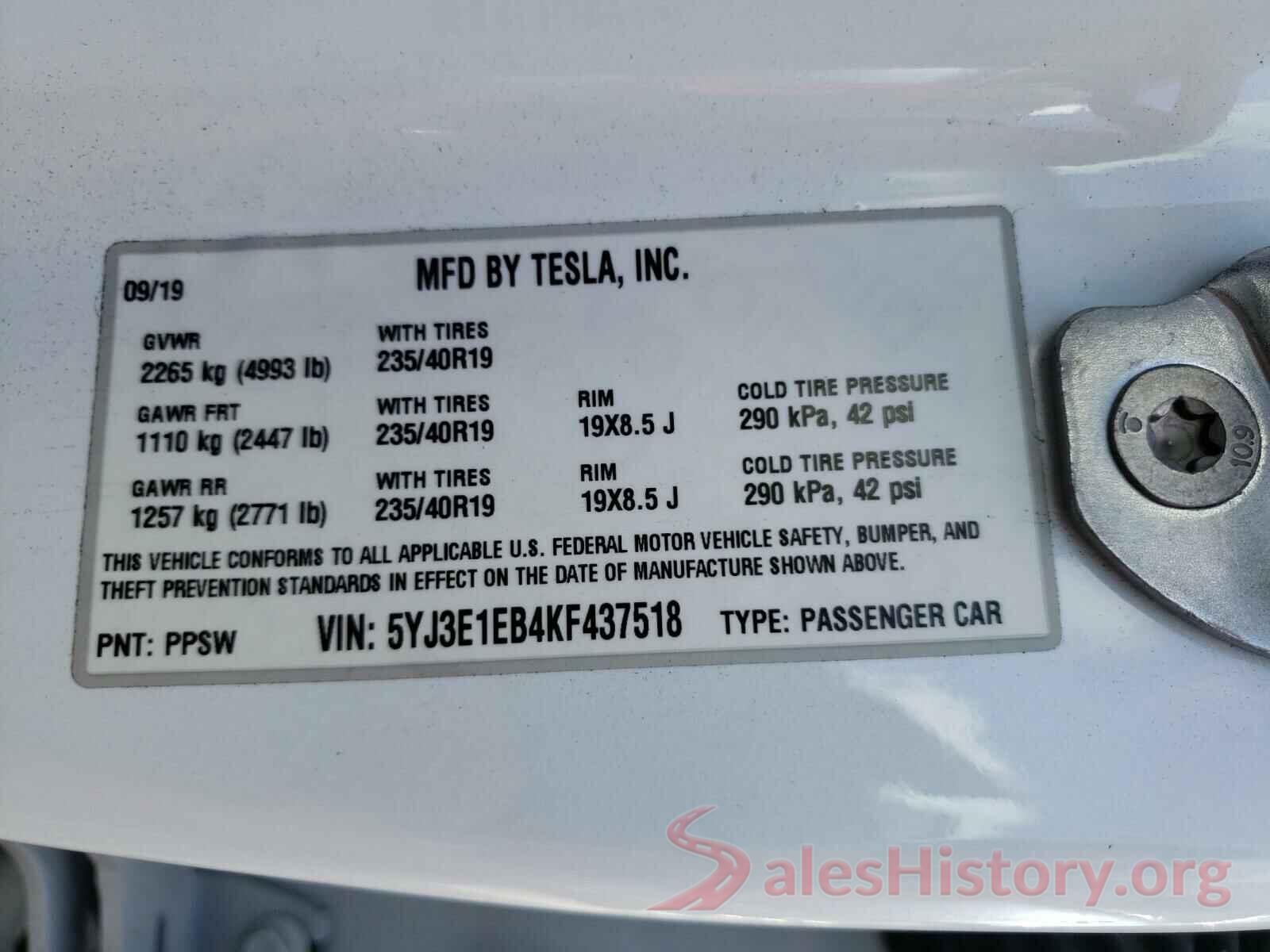 5YJ3E1EB4KF437518 2019 TESLA MODEL 3