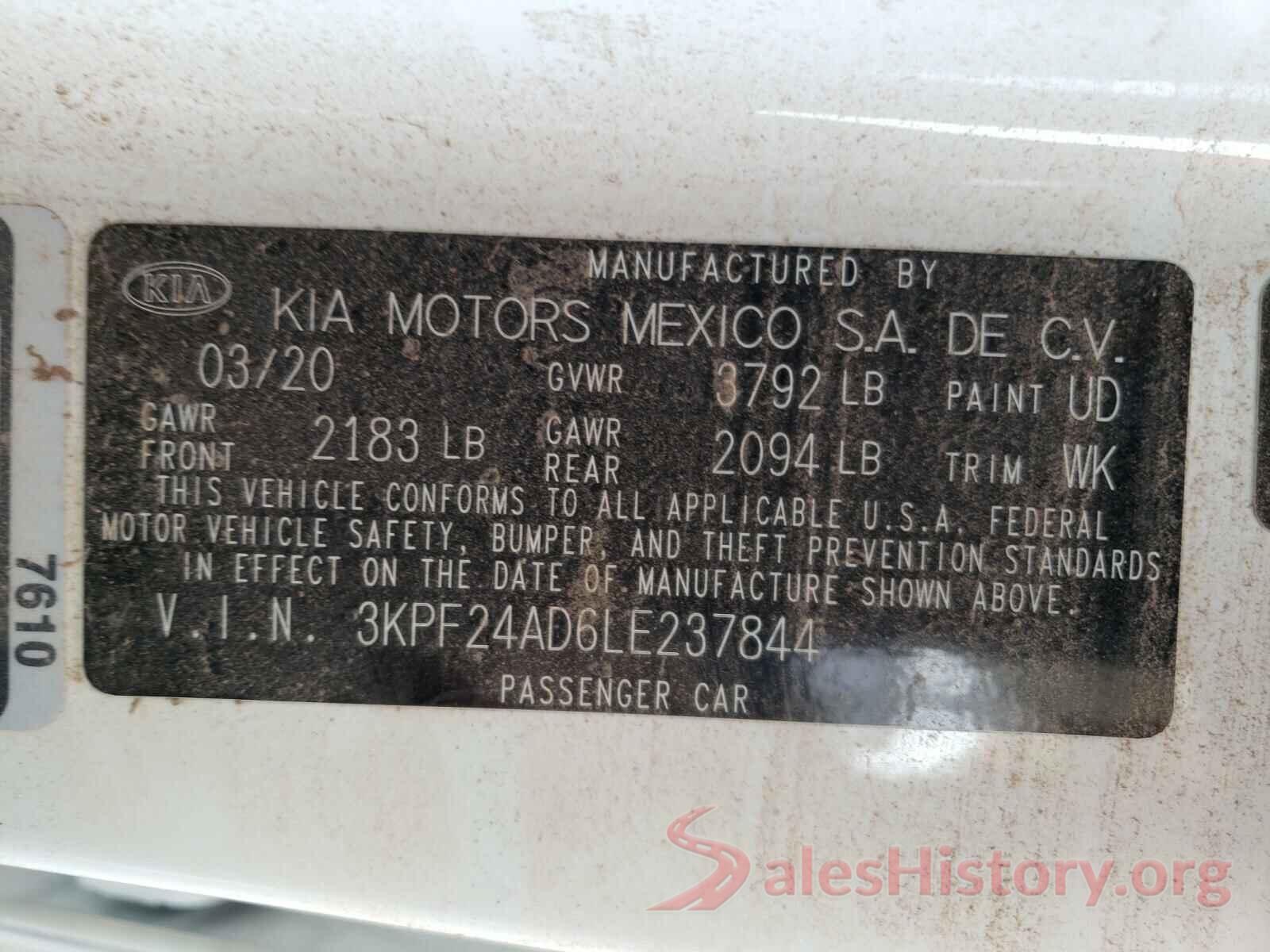 3KPF24AD6LE237844 2020 KIA FORTE