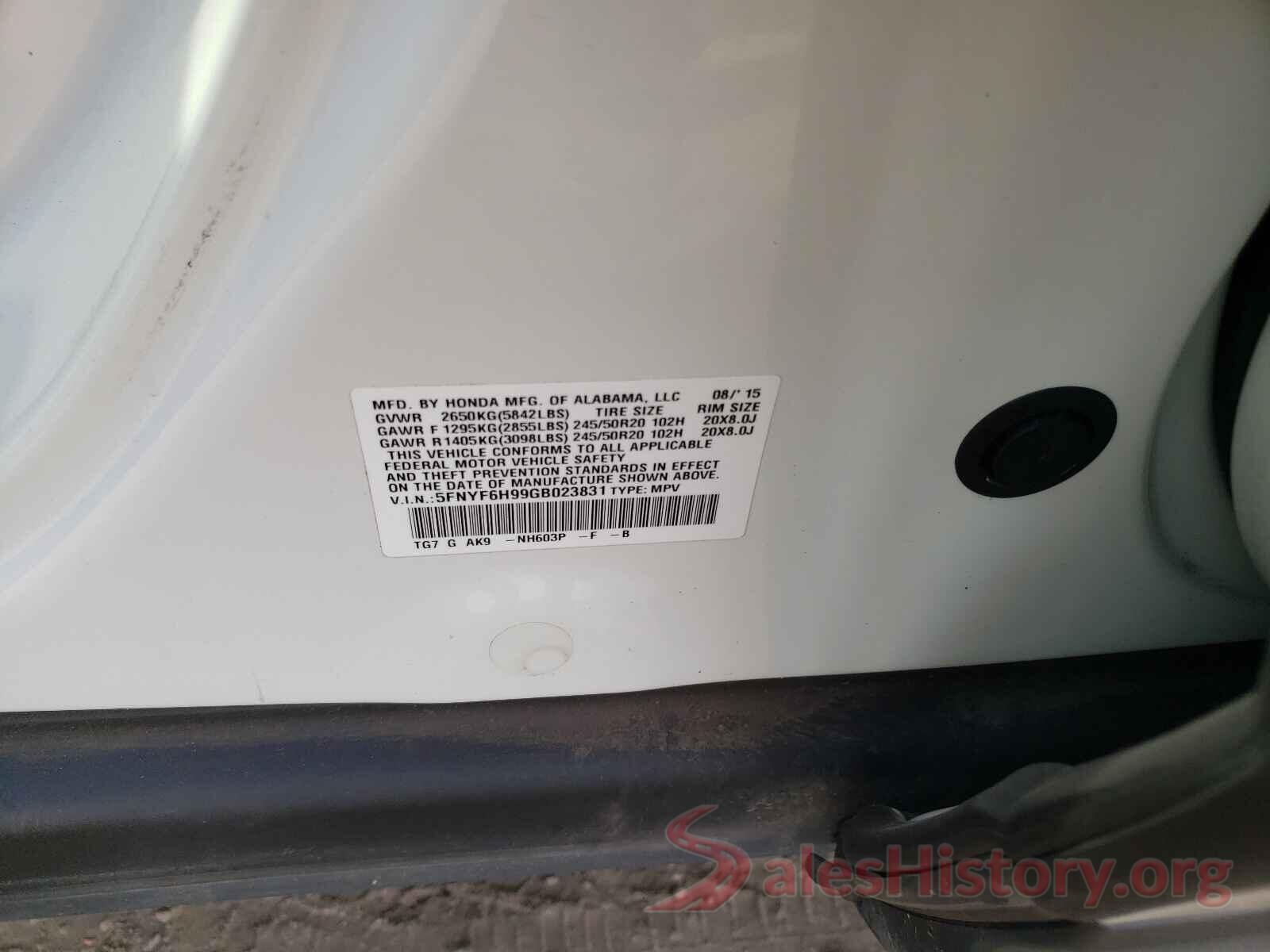 5FNYF6H99GB023831 2016 HONDA PILOT