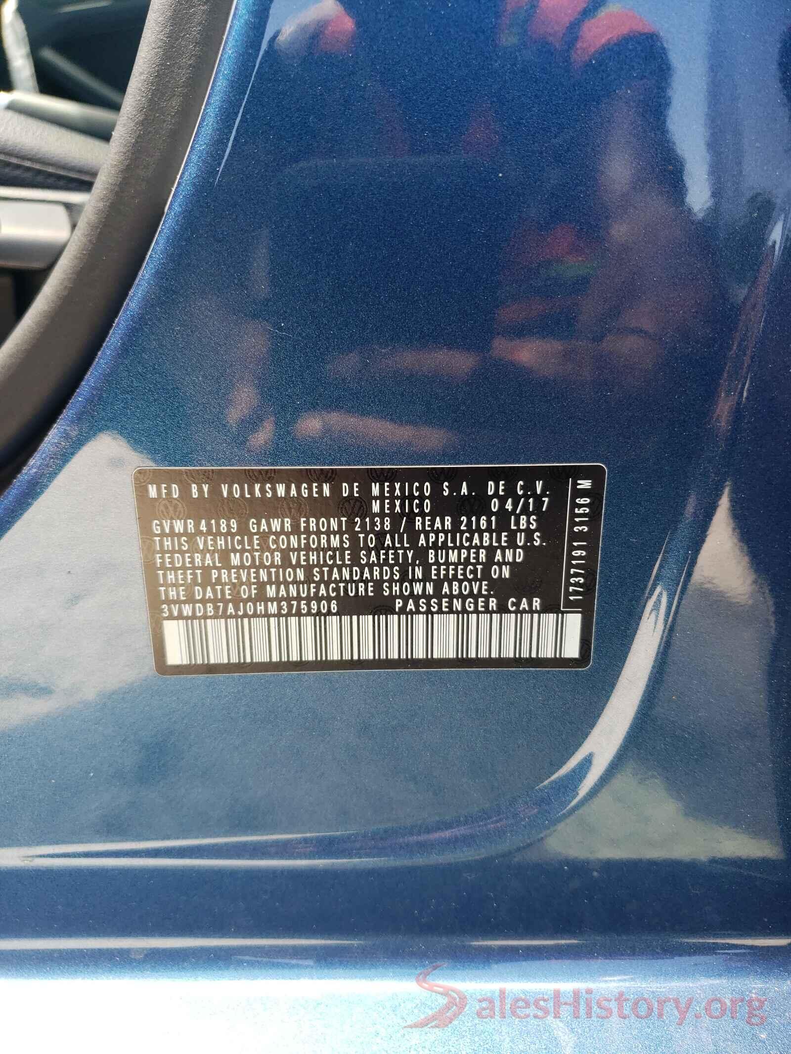 3VWDB7AJ0HM375906 2017 VOLKSWAGEN JETTA