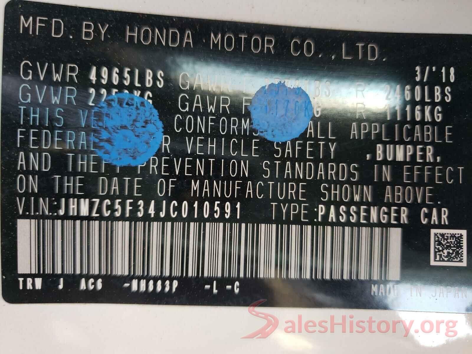 JHMZC5F34JC010591 2018 HONDA CLARITY