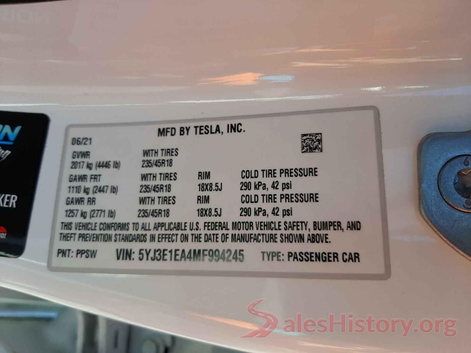 5YJ3E1EA4MF994245 2021 TESLA MODEL 3