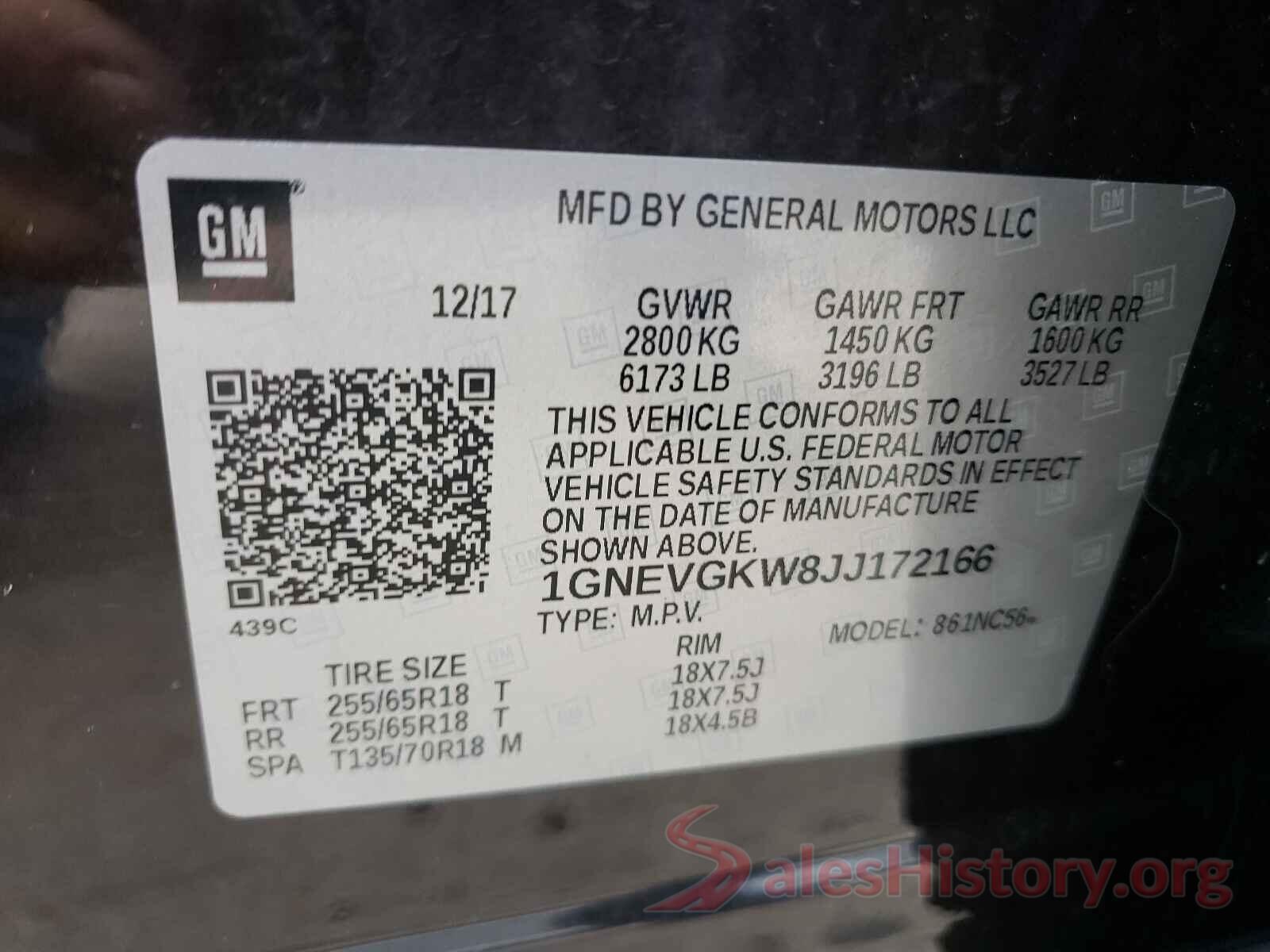 1GNEVGKW8JJ172166 2018 CHEVROLET TRAVERSE