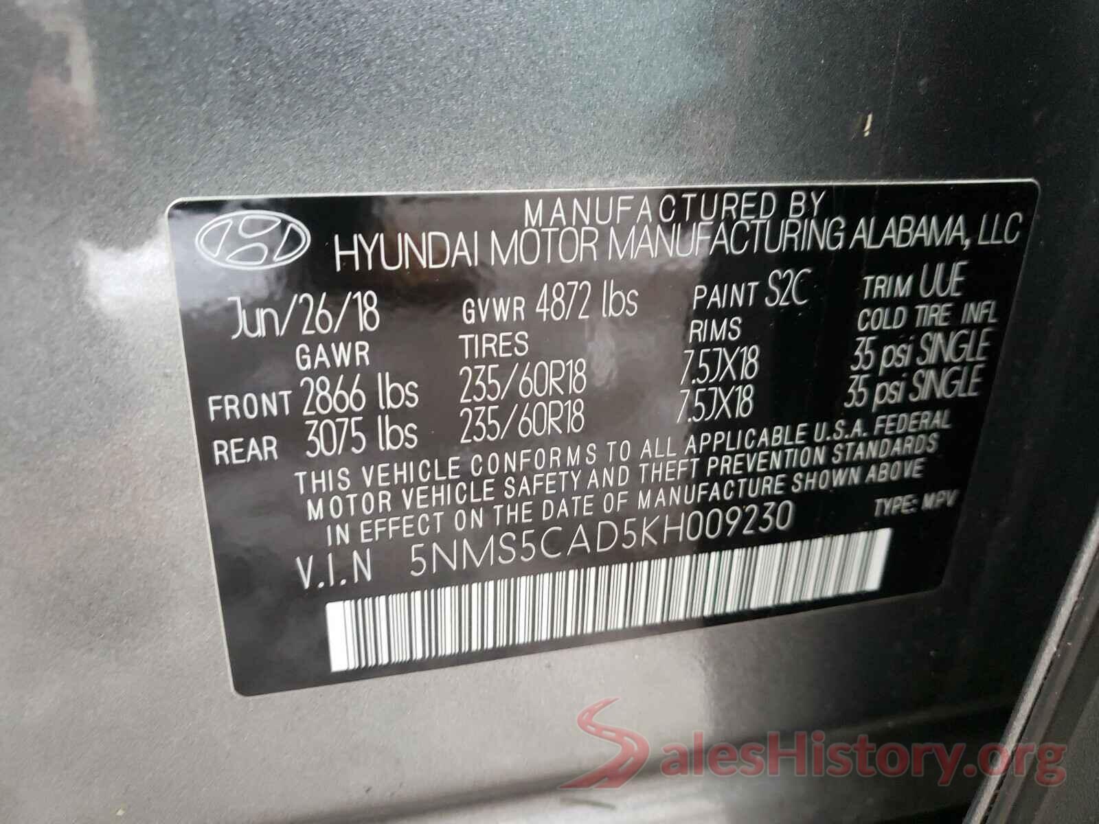 5NMS5CAD5KH009230 2019 HYUNDAI SANTA FE