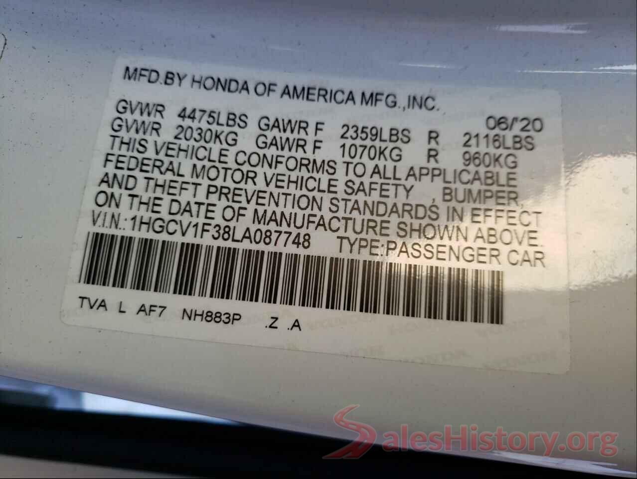 1HGCV1F38LA087748 2020 HONDA ACCORD