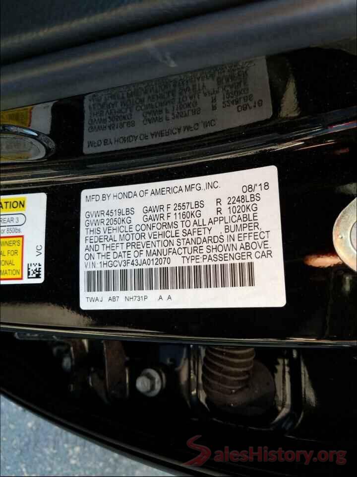 1HGCV3F43JA012070 2018 HONDA ACCORD