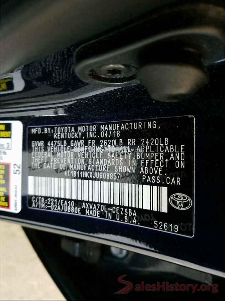 4T1B11HKXJU608857 2018 TOYOTA CAMRY