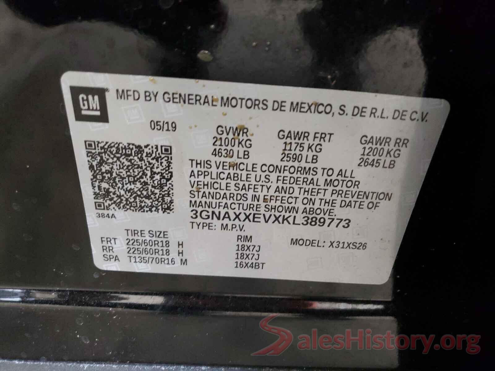 3GNAXXEVXKL389773 2019 CHEVROLET EQUINOX