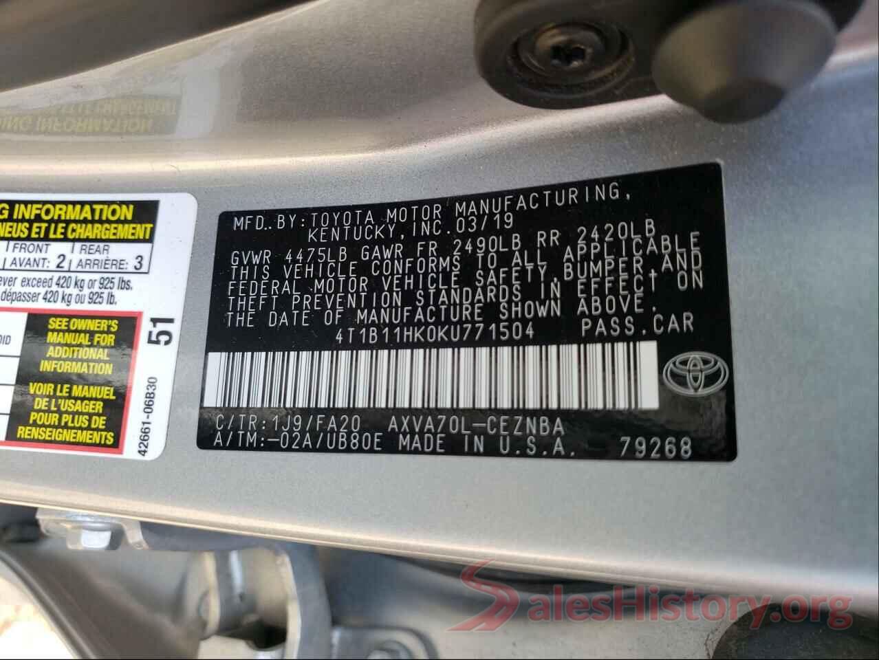 4T1B11HK0KU771504 2019 TOYOTA CAMRY