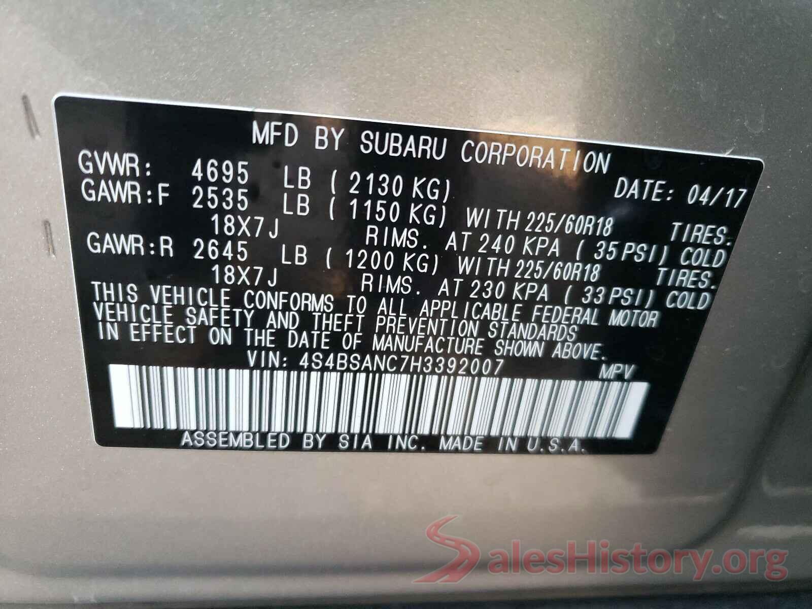 4S4BSANC7H3392007 2017 SUBARU OUTBACK